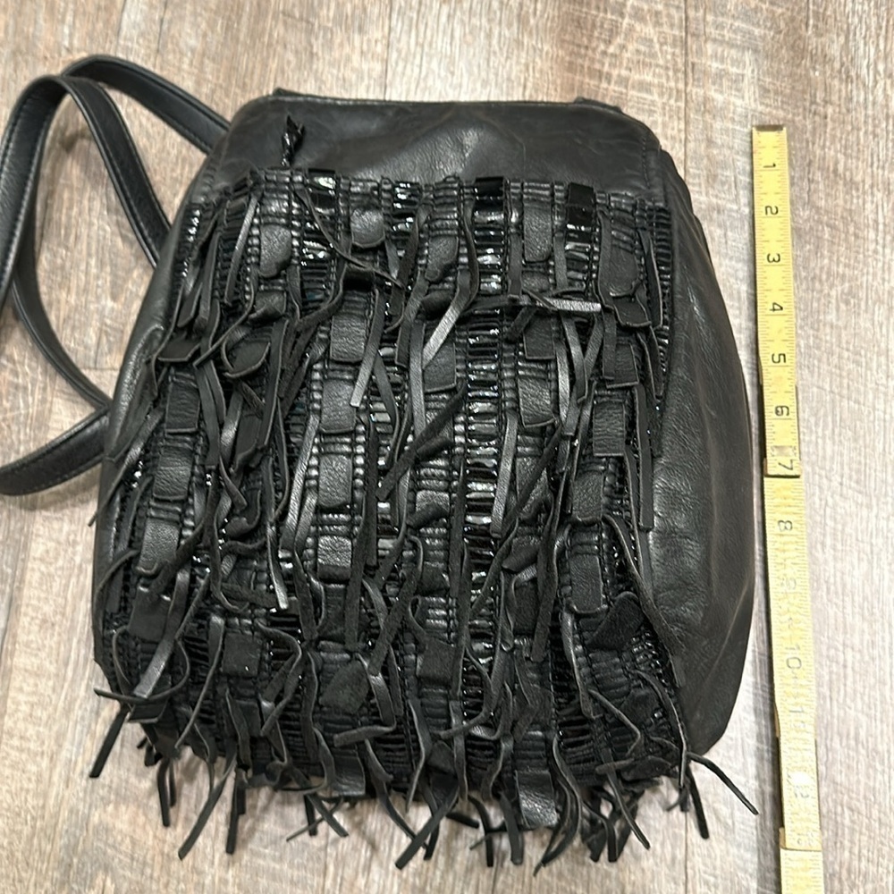 East West designs, Narda collection black leather/fringe hobo shoulder bag purse - Picture 5 of 11
